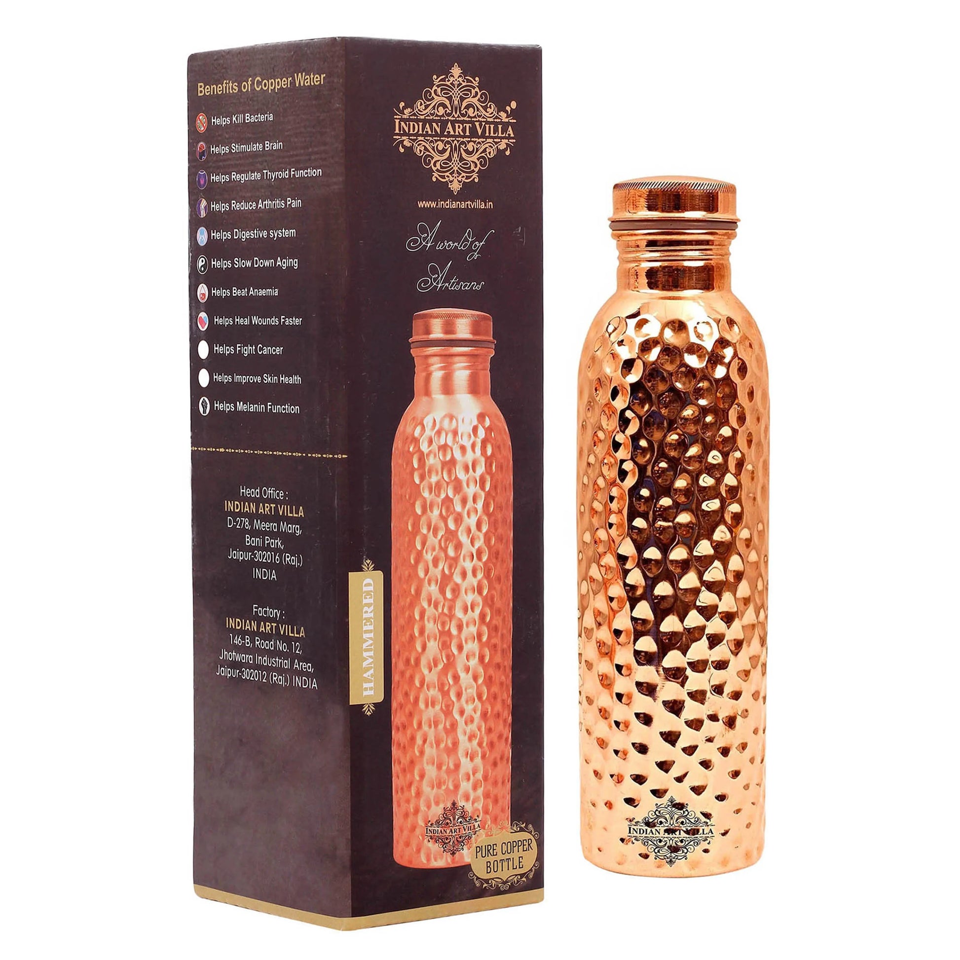 Indianartvilla Pure Copper Water Bottle Hammered Design with Health Benefits-1000 ML, Drinkware and Storage